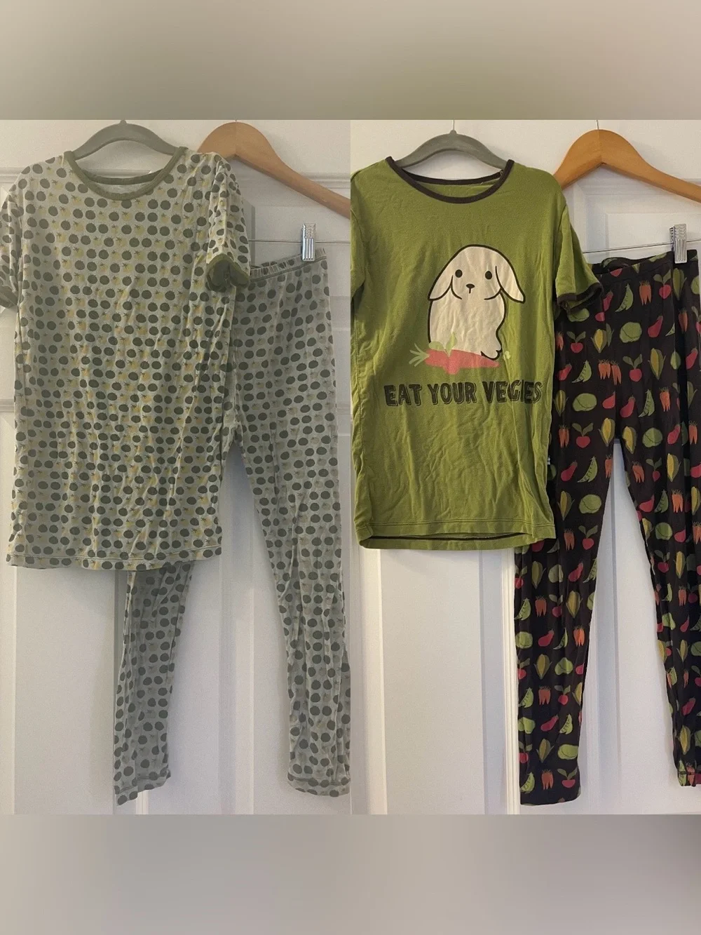Two pairs of Kickee Pants pajamas - unisex bamboo - bunny rabbit vegetables